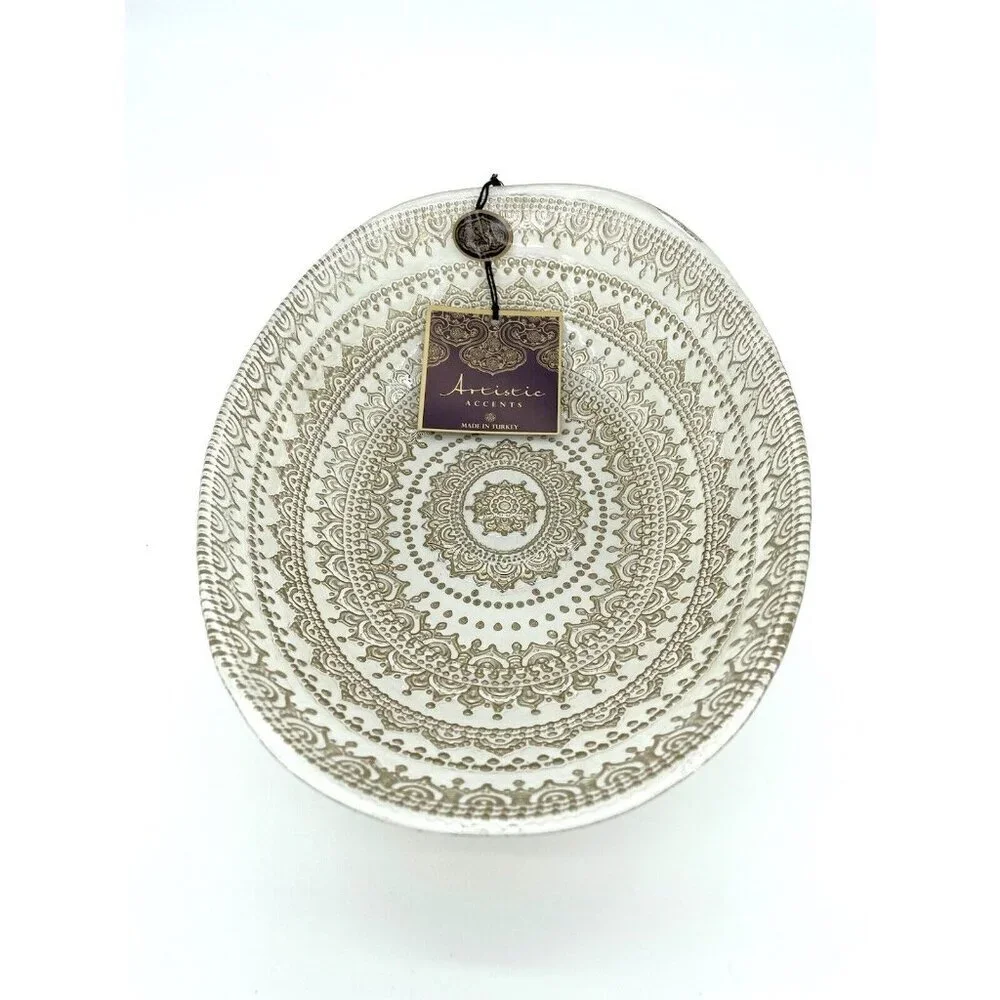 Artistic Accents White Glass Oval Serving Bowl Gold Lace Print Handmade NWT
